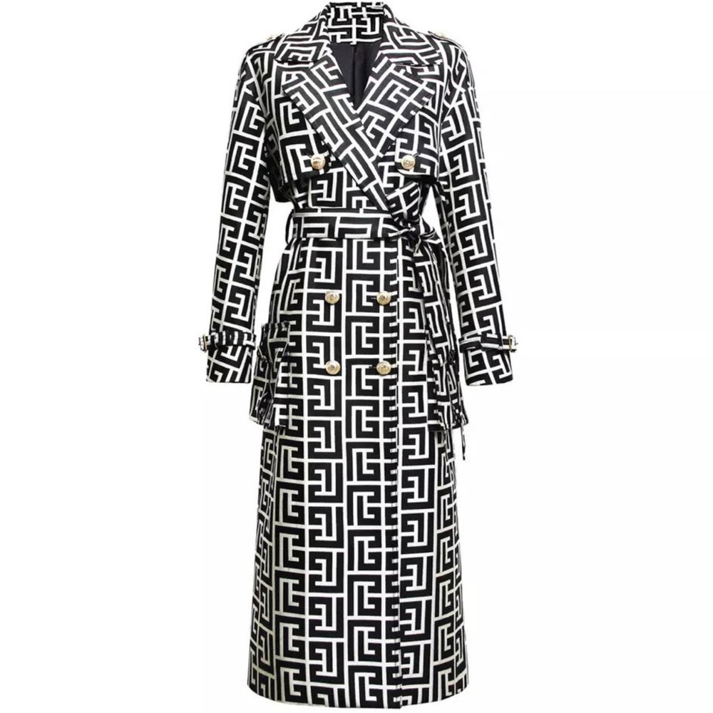 Black and White Printed, Double Breasted Belted Trench Coat-Medium